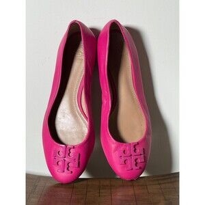 Tory Burch Pink Leather Ballet Flats Size 9.5M Reva Logo Slip On Shoes